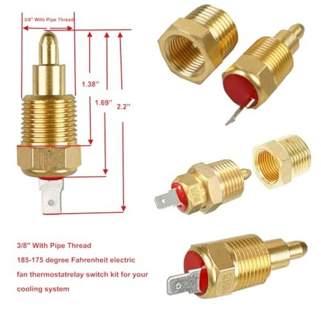 Brass thermostat switch with red terminal cap and threaded sensor body for electric fan control