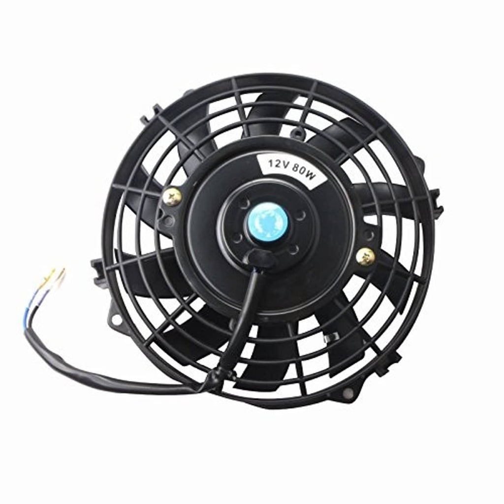 Black electric radiator fan with 12V 80W label and side mounting brackets