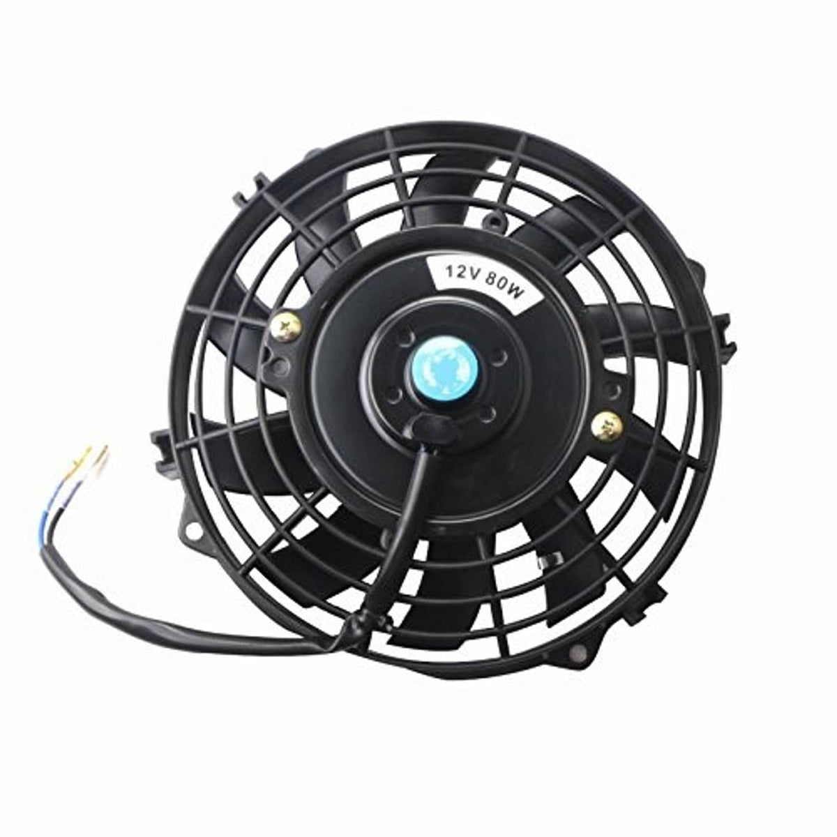 Black electric radiator fan with 12V 80W label and side mounting brackets