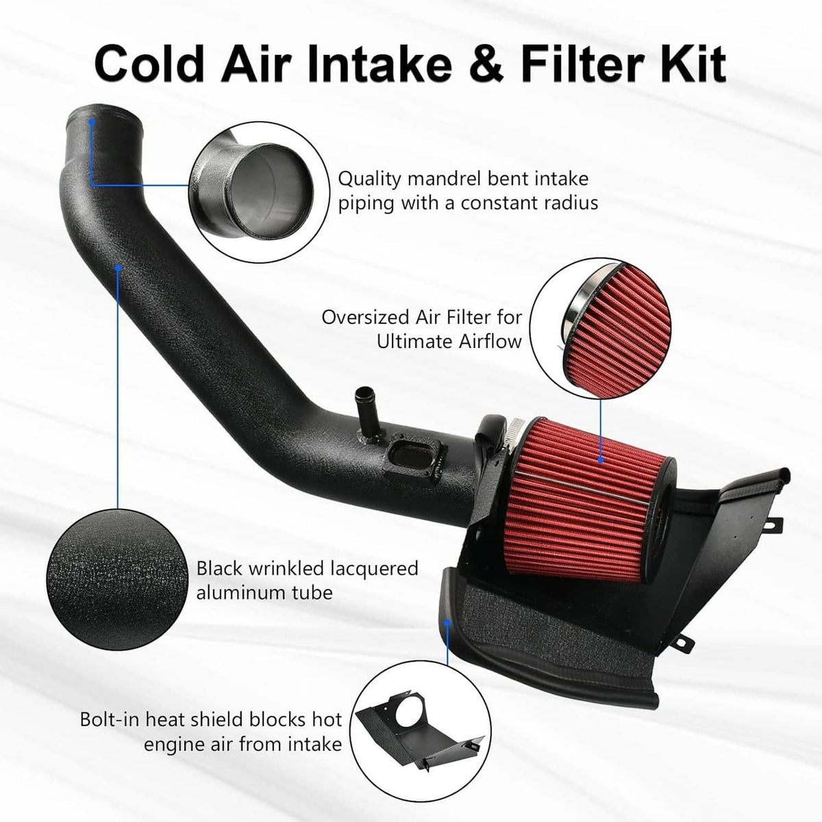 Cold air intake & filter kit with black tube and red cone air filter