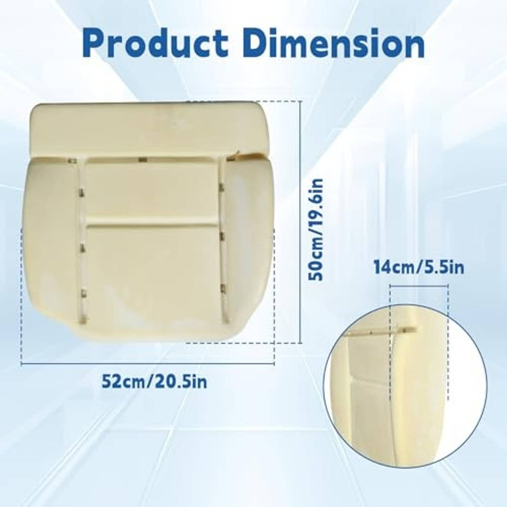 Light beige front driver-side foam seat cushion replacement with dimension markers shown