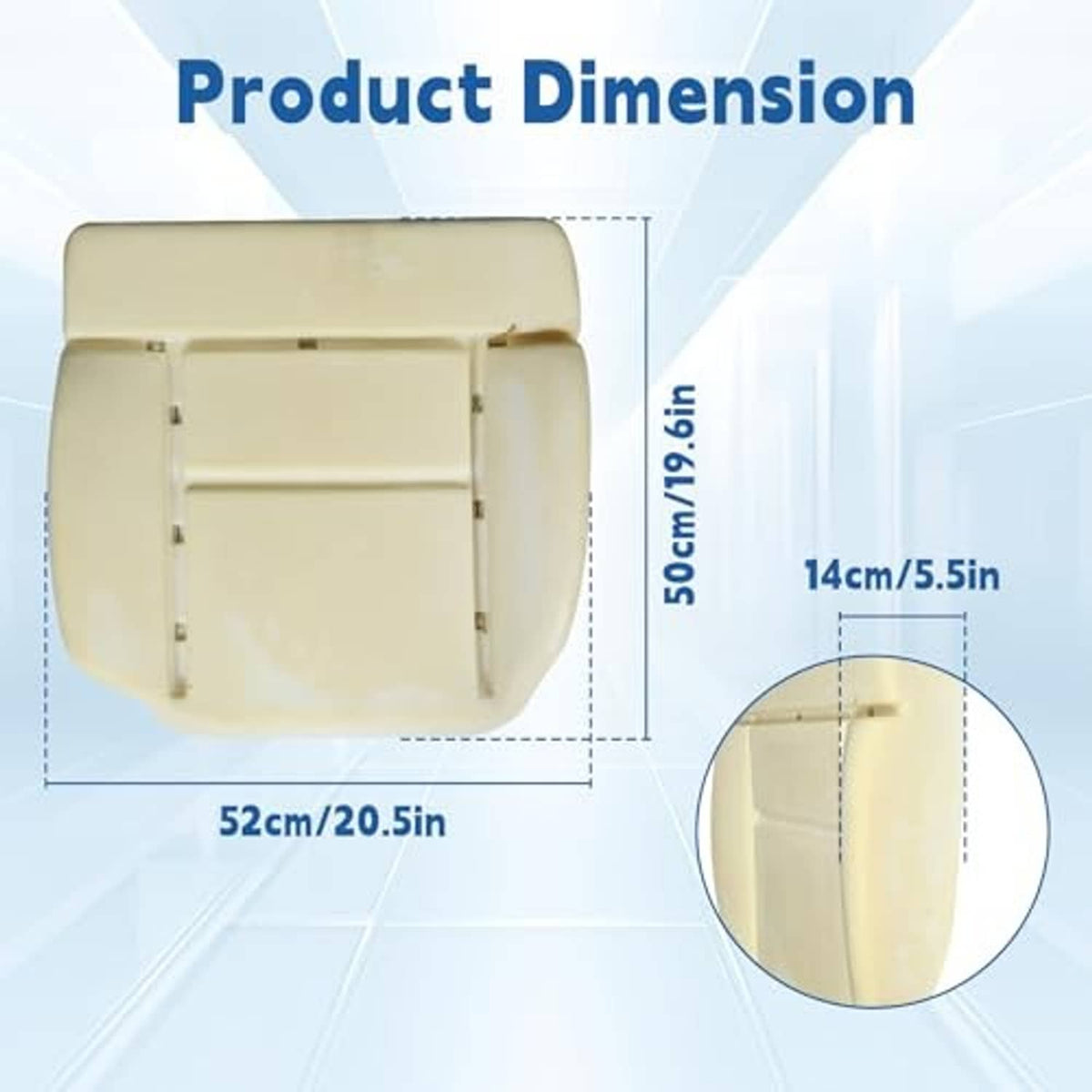 Light beige front driver-side foam seat cushion replacement with dimension markers shown