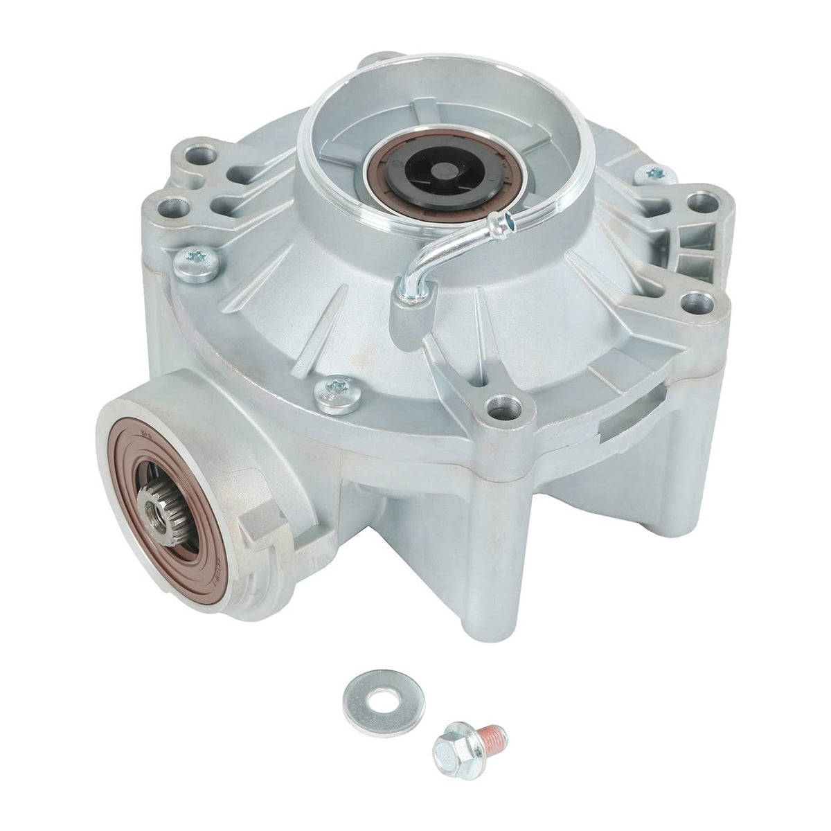 Silver rear differential housing with circular seal and side mounting bolts