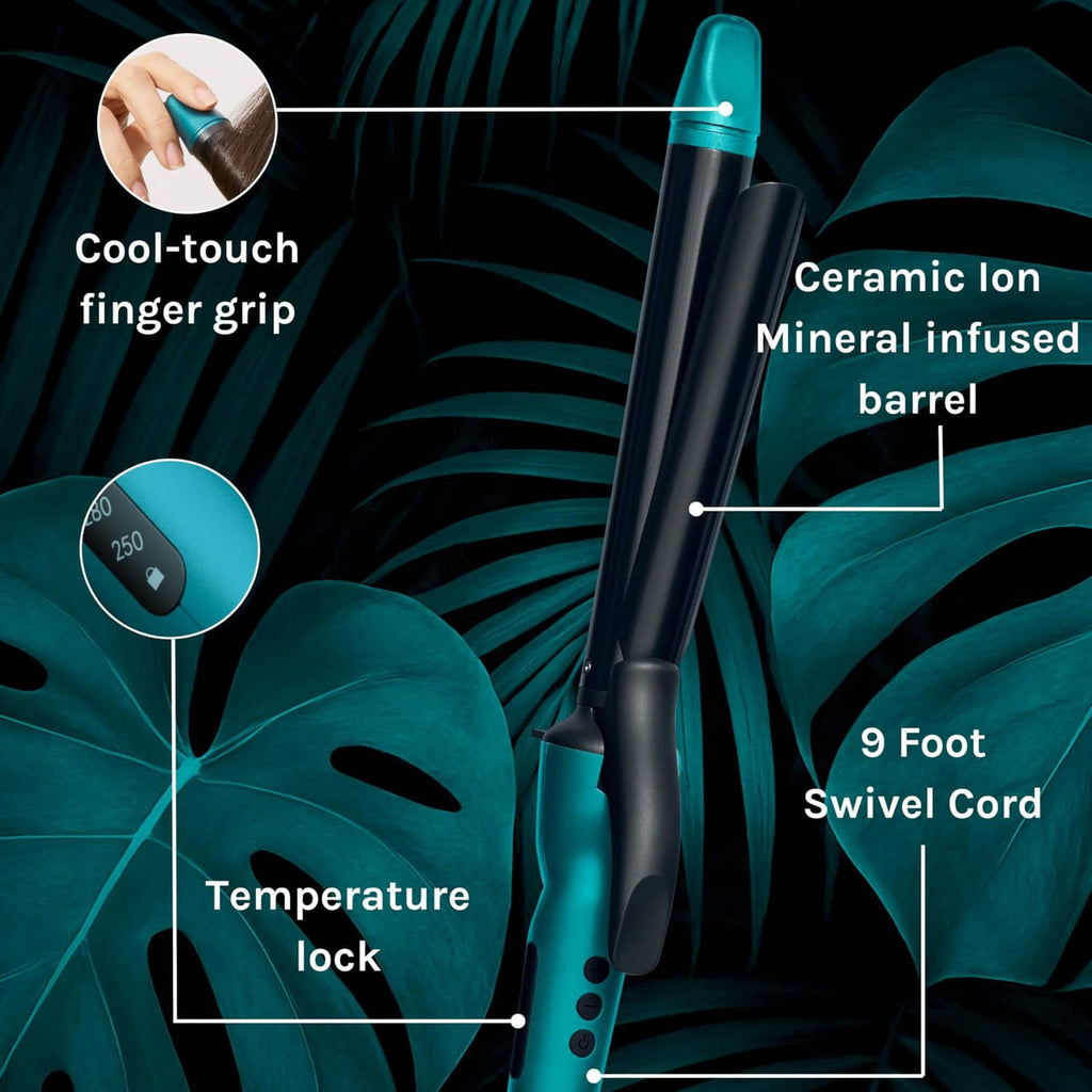 Teal and black curling iron with dark barrel and control buttons near the handle.