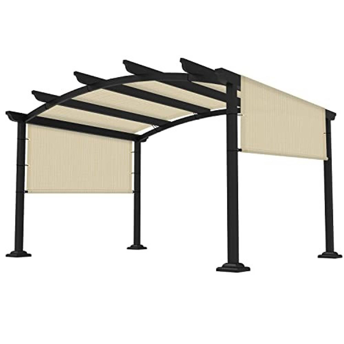 Beige pergola shade cover canopy with black roof supports and side panel