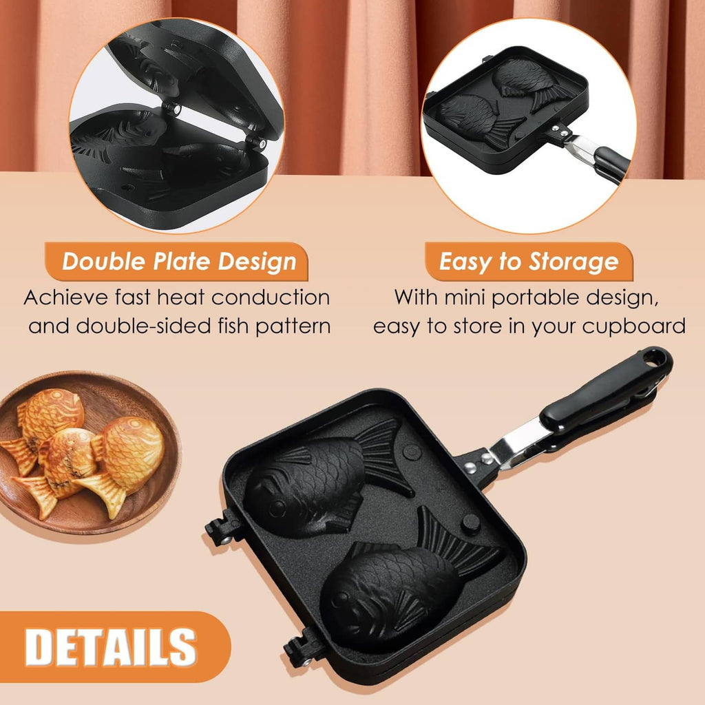 Black double-plate fish waffle maker with hinged handle and two fish mold cavities