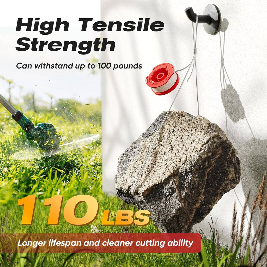 Red trimmer line spool with wire spring feeding strands for weed wacker cutting