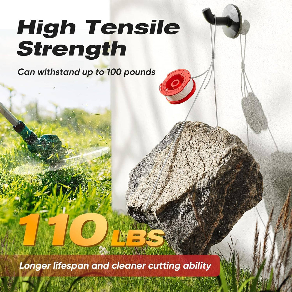 Red trimmer line spool with wire spring feeding strands for weed wacker cutting
