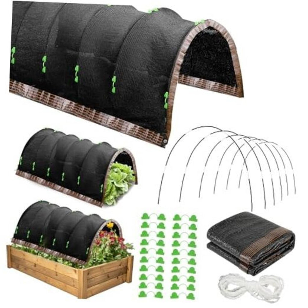 Plant shade cloth tunnel covers with hoop frames and green clips (set of six)