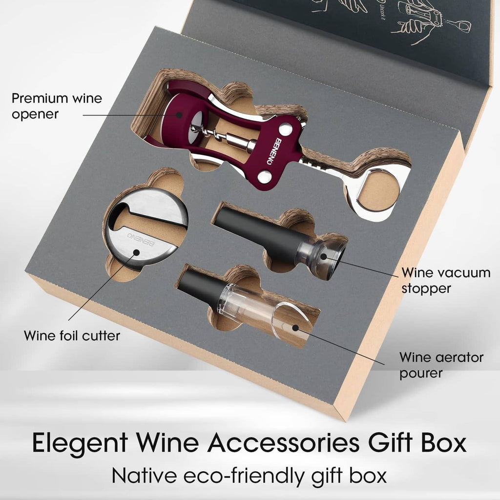 Red wine opener set in gift box: corkscrew, foil cutter, vacuum stopper, and aerator