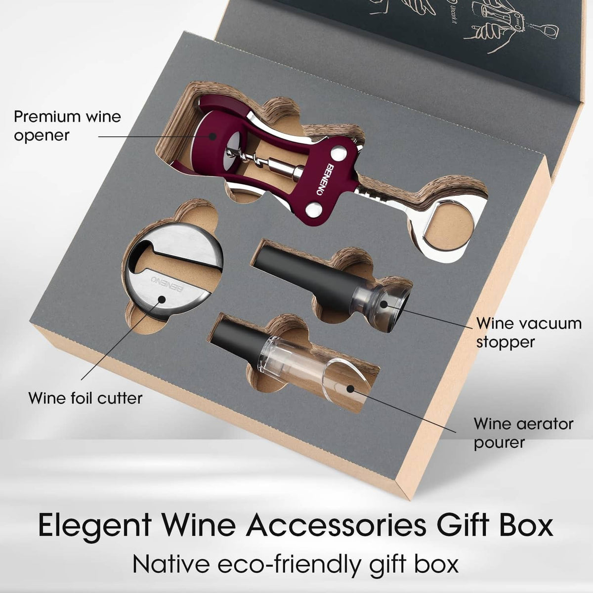 Red wine opener set in gift box: corkscrew, foil cutter, vacuum stopper, and aerator