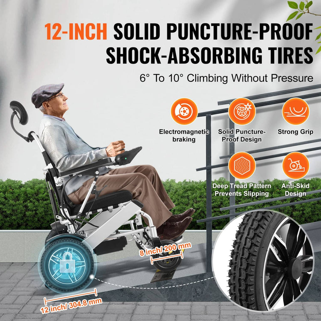 Electric wheelchair with large black shock-absorbing tires and deep tread pattern
