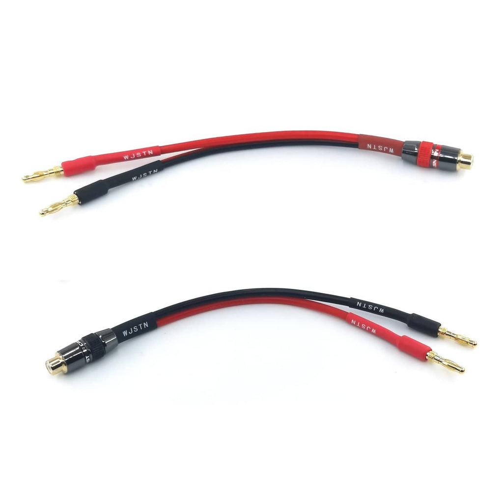 Red and black banana plug audio speaker cable pair with gold connectors