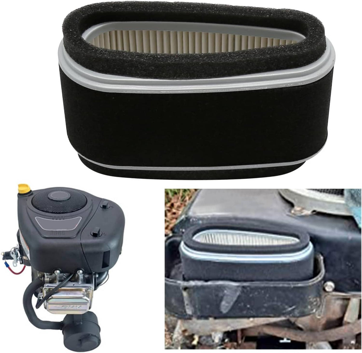Black air filter element with foam seal and pleated paper core, plus engine fit examples