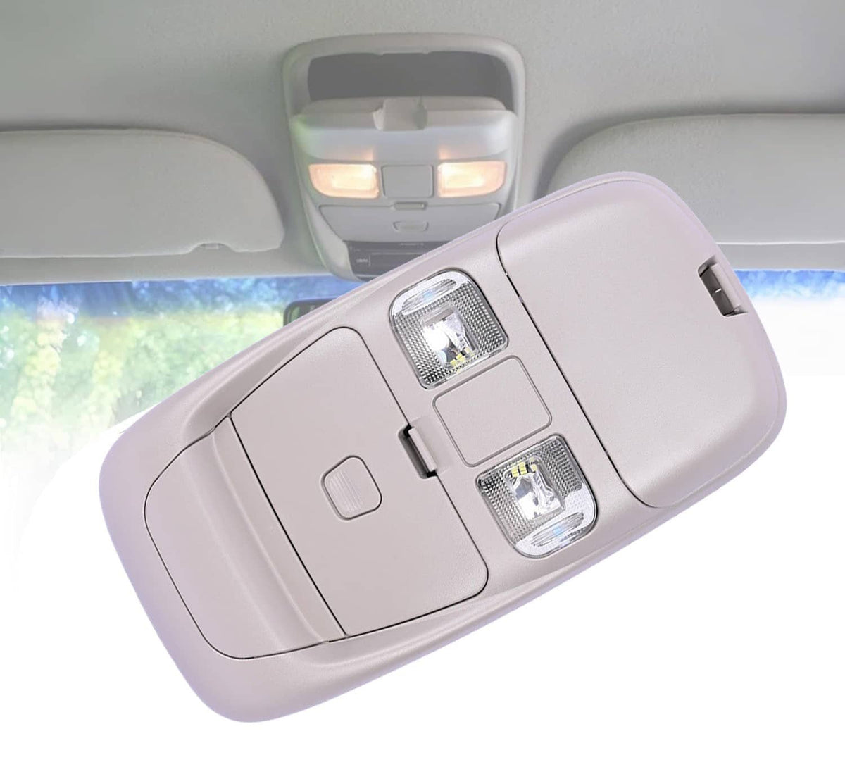 Vehicle overhead console assembly with front lamp lenses; hinged cover open, light gray.
