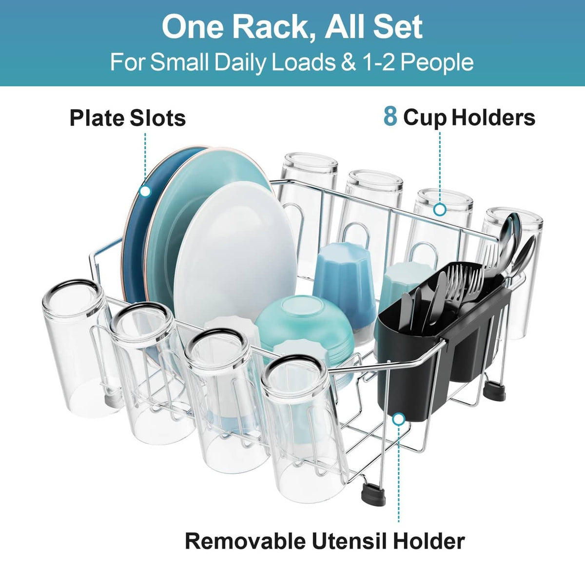 Compact dish rack with plate slots, cup holders, and removable black utensil holder