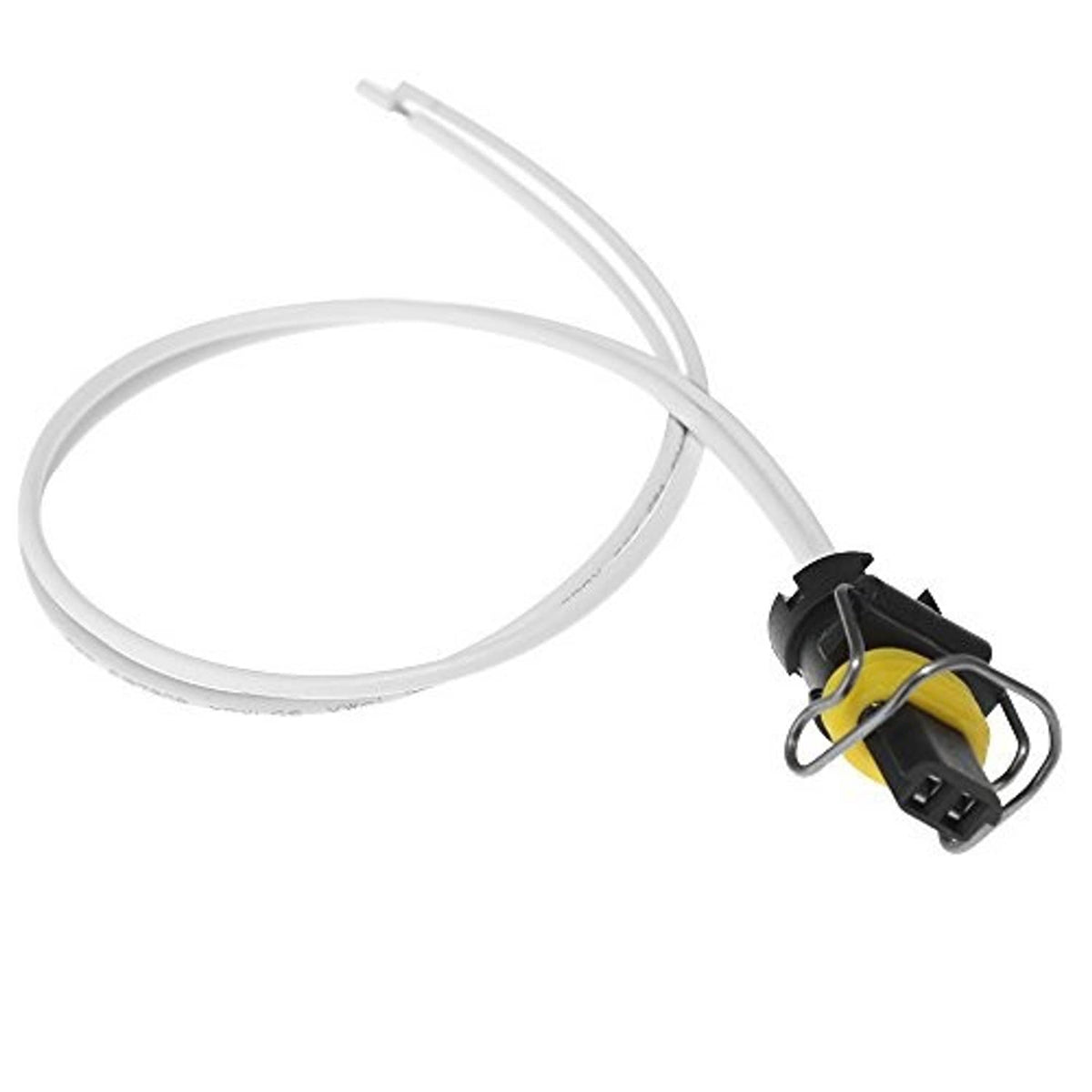 2-wire pigtail connector with white cables and black plug featuring yellow insulator