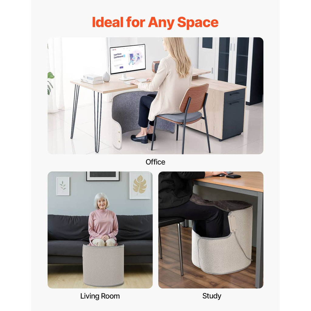 Portable under-desk heater placed under desk in office, living room, and study