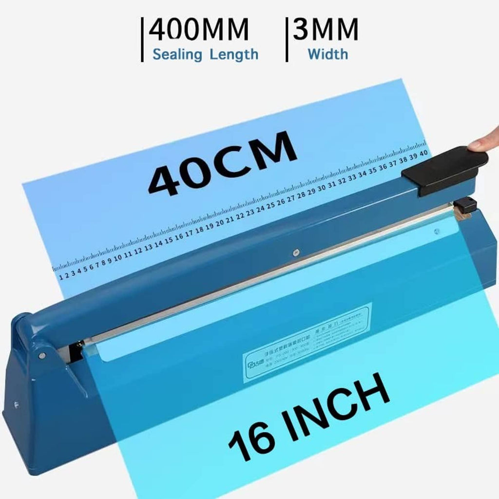 Blue 16-inch heat sealer showing sealing length and width markings