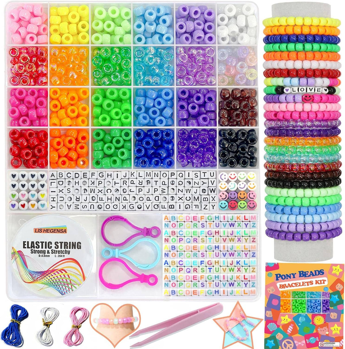 Colorful pony beads assortment in compartments, with letter beads and stacked bracelet strands