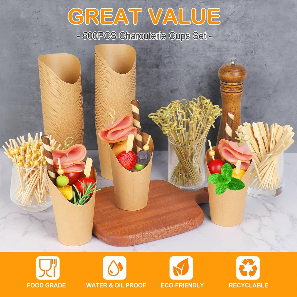 Brown kraft charcuterie cups with wooden sticks for serving appetizers, set of cups