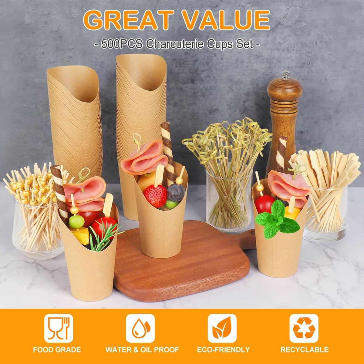 Brown kraft charcuterie cups with wooden sticks for serving appetizers, set of cups