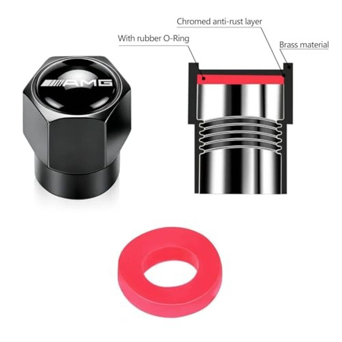 Black metal valve stem cap with AMG logo, brass interior and red O-ring shown