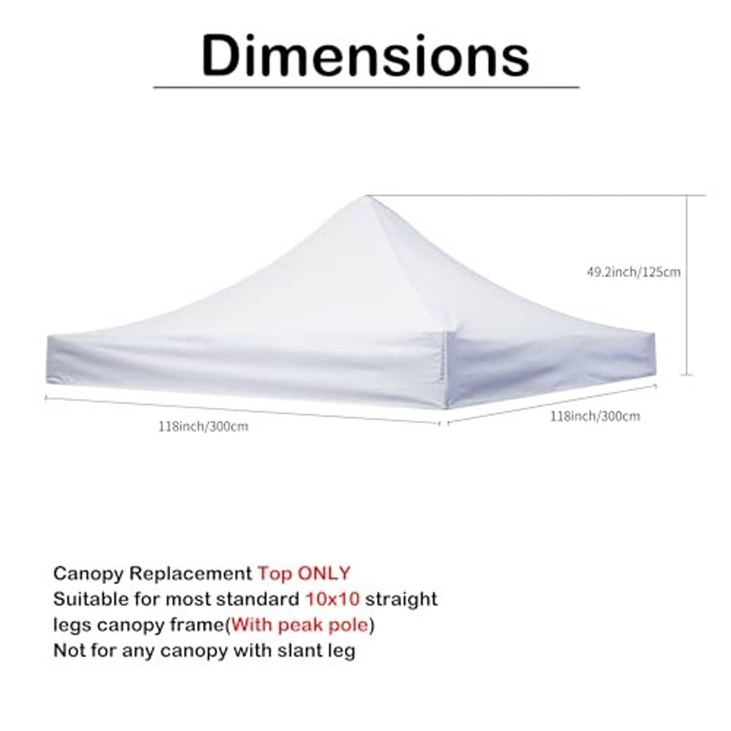 White peaked pop-up tent canopy replacement top with size measurement graphic
