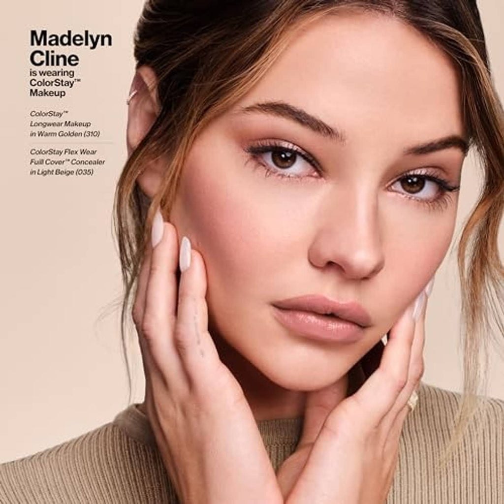 Close-up of person with smooth face makeup wearing Revlon ColorStay foundation