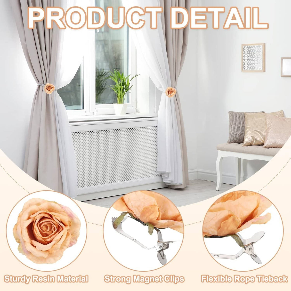Apricot artificial rose curtain tieback with metal clip and magnet fastener
