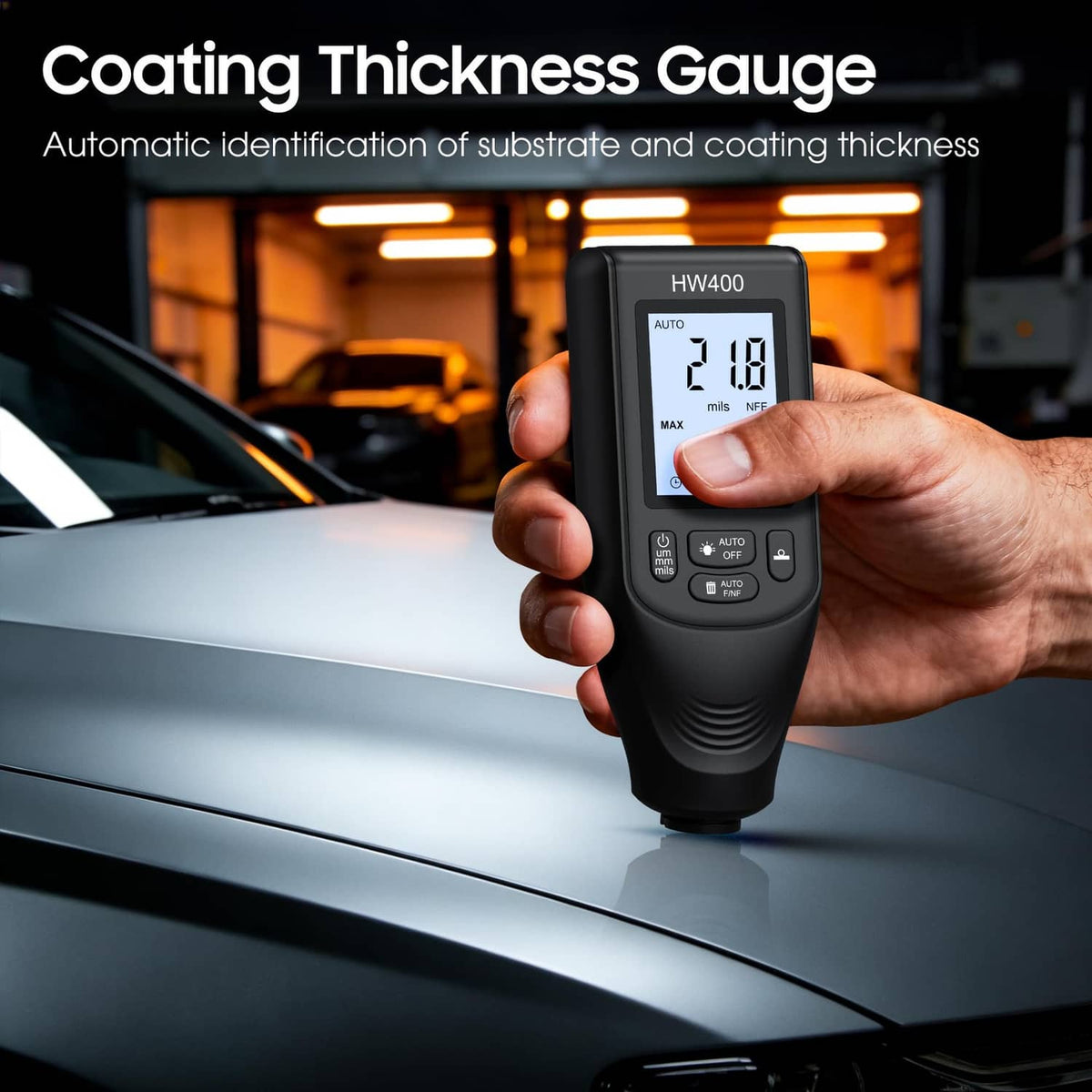Handheld digital coating thickness gauge measuring a car panel with LCD readout.