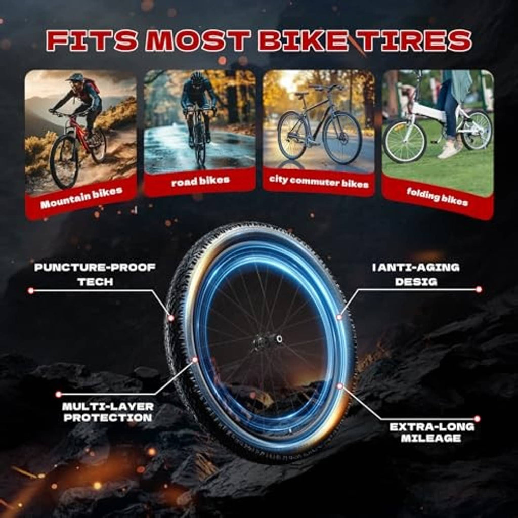 Bike inner tube protection graphic over a bicycle wheel with puncture-proof and anti-aging cues