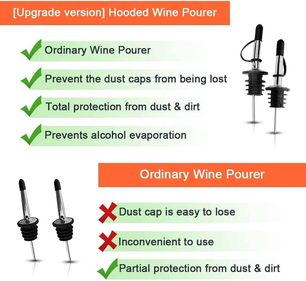 Set of wine pourers with dust caps and pour tubes, shown upright