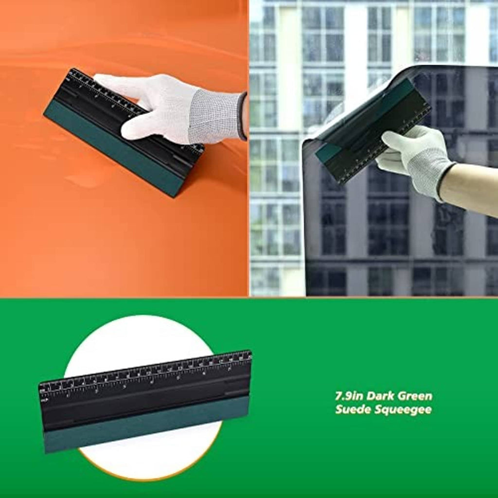 Window tint squeegee with black blade and teal felt edge smoothing film on a window