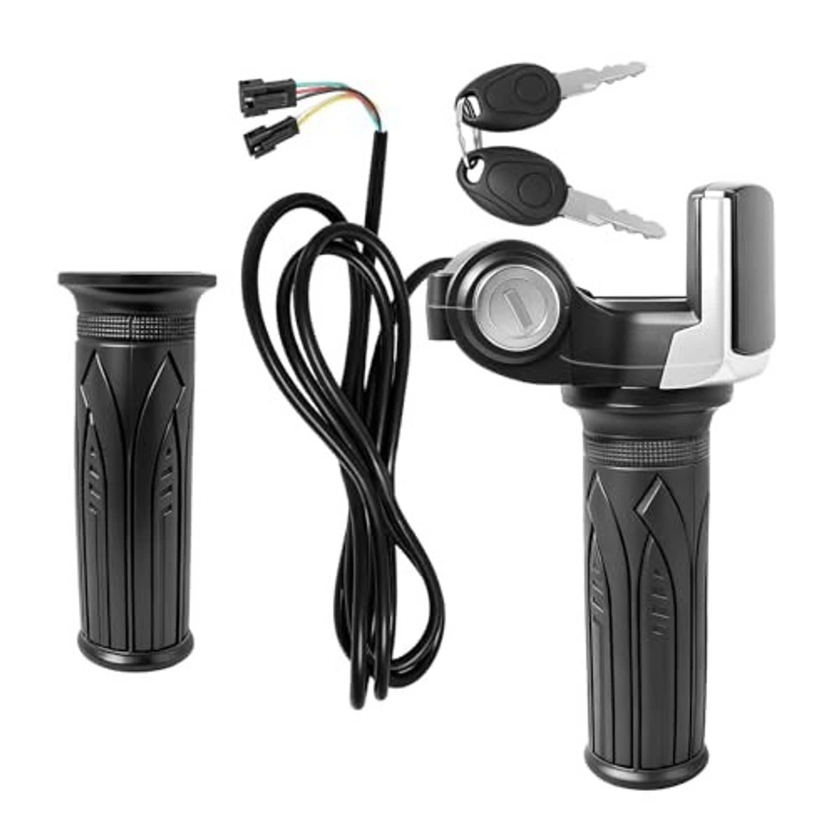 Half-twist throttle grip set with LED display, wiring cable, and two handlebar keys.