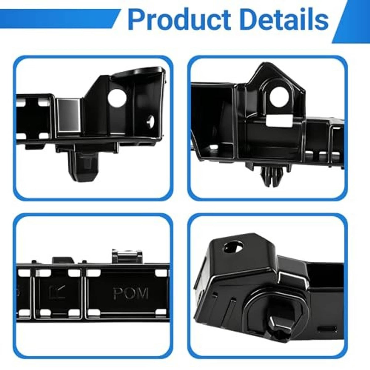 Black bumper mounting bracket close-up with rectangular housing and bolt hole