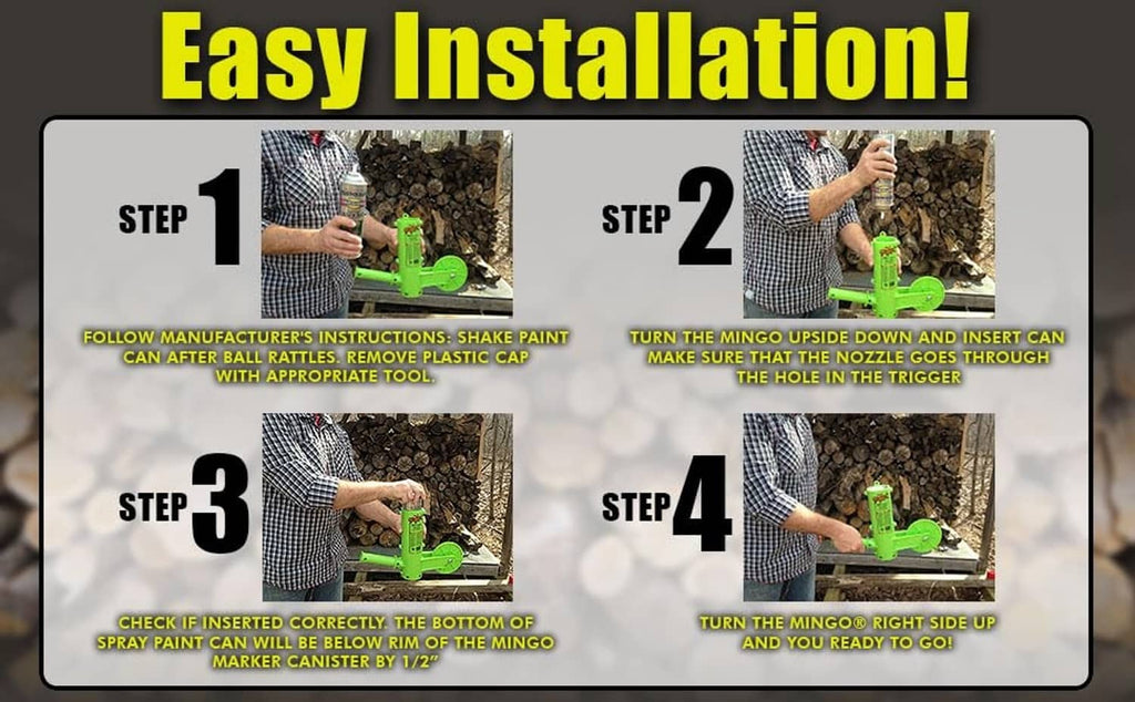 Green firewood marking tool installation steps with can inserted into nozzle.