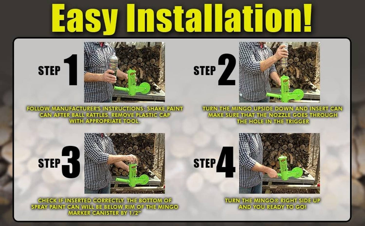 Green firewood marking tool installation steps with can inserted into nozzle.