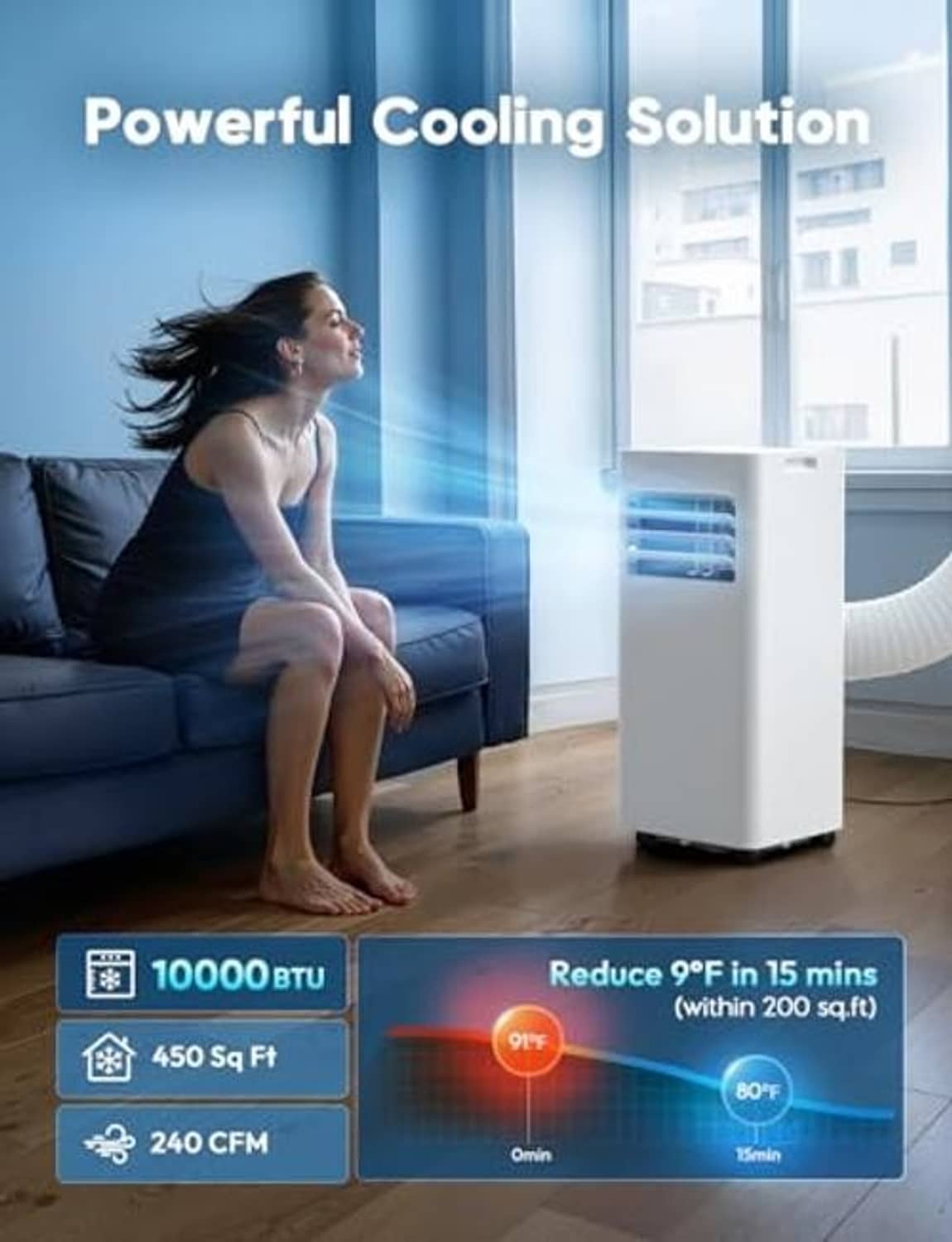 White portable air conditioner standing near living room seating
