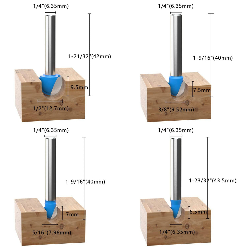 Cove box router bit creating stepped semicircle grooves in wood with blue cutter