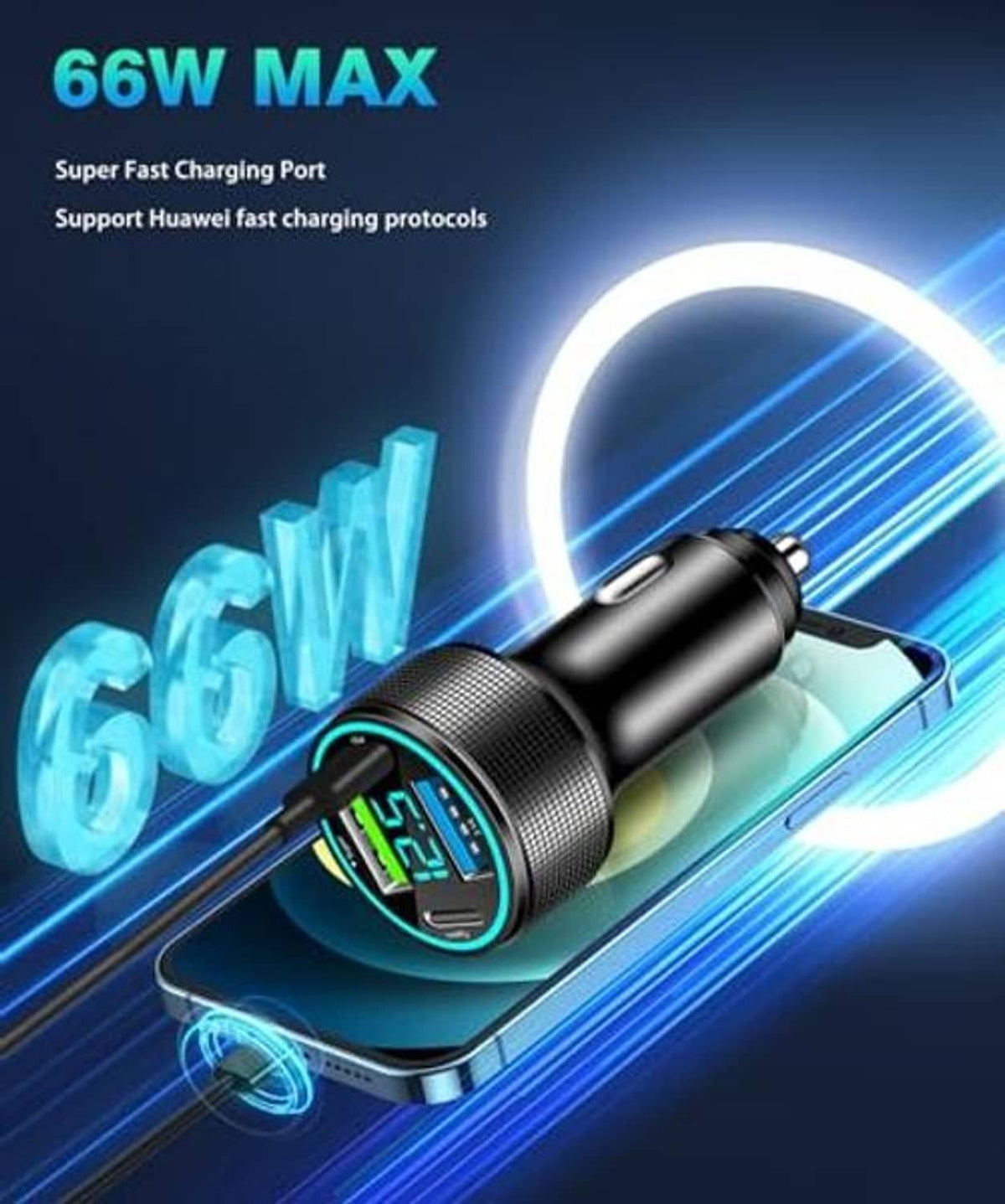 USB-C 4-port car charger with blue LED glow and built-in LED voltage display