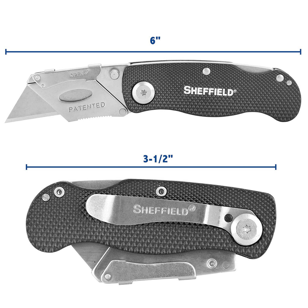 Folding utility knife showing black textured handle; quick-change blade; 6 in length