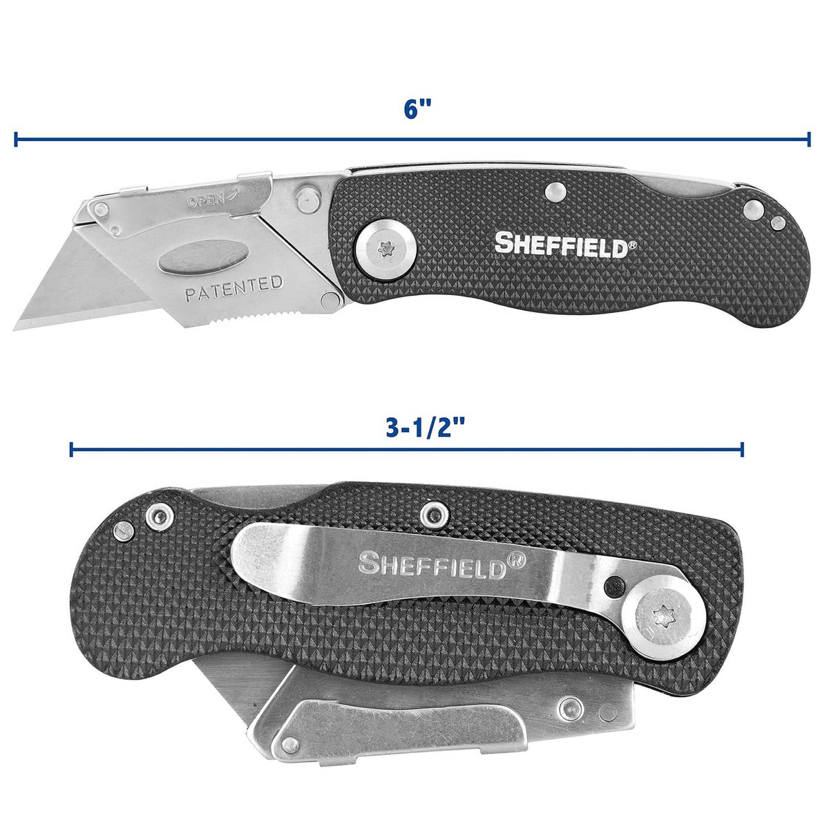 Folding utility knife showing black textured handle; quick-change blade; 6 in length