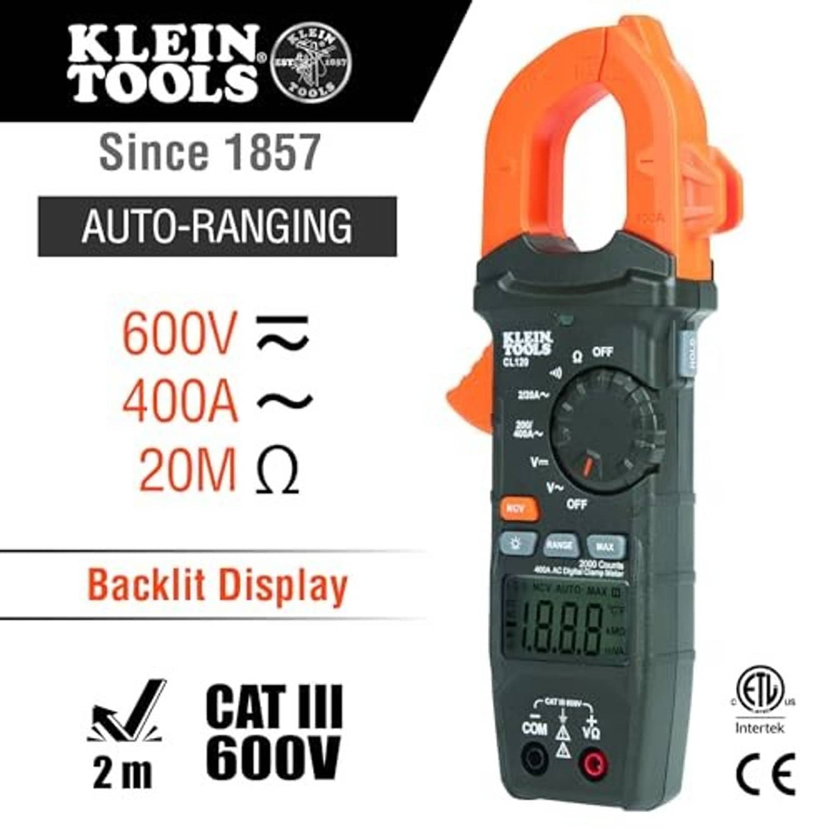 Digital clamp meter front view with backlit display, mode dial, and CAT III rating.