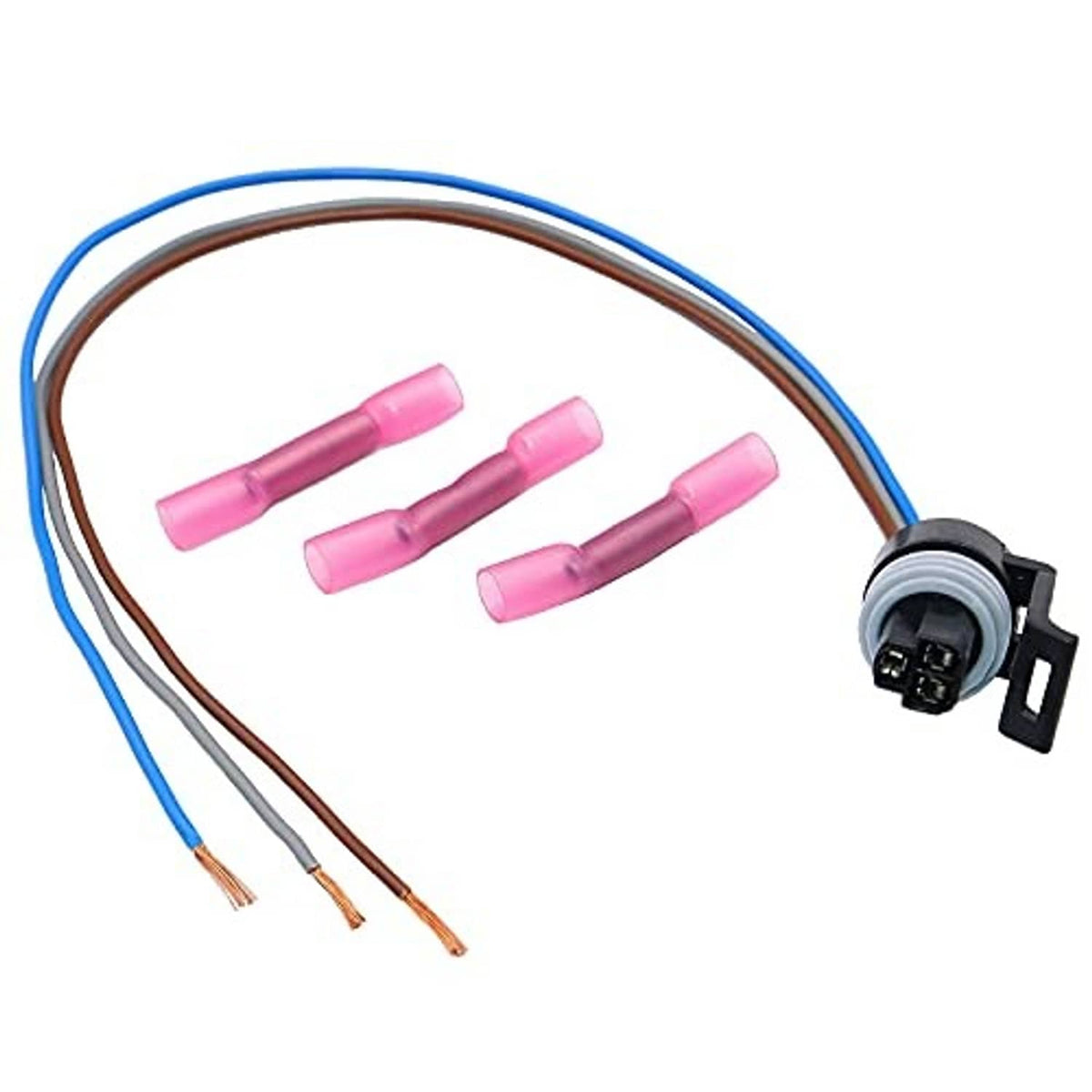 3-way sensor connector harness pigtail with blue, brown, and gray wires