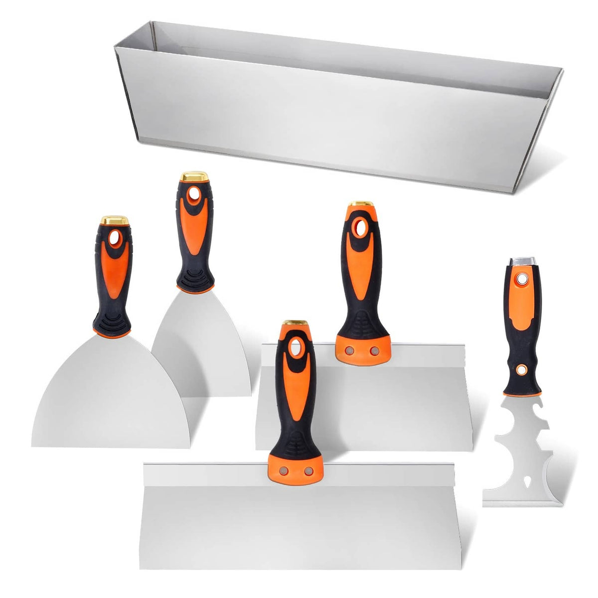 6-piece drywall knife and putty scraper set with orange-and-black comfort handles