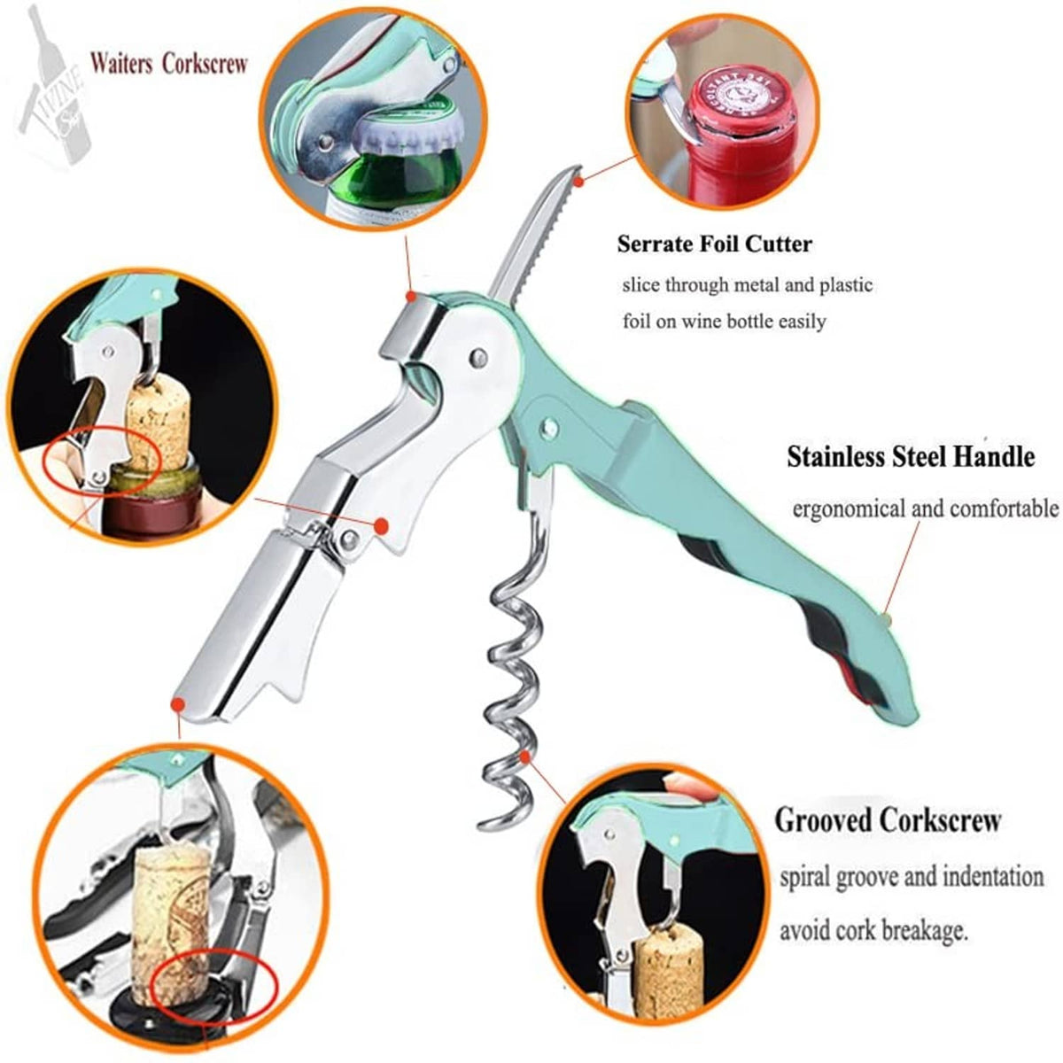 Cyan waiter corkscrew with serrated foil cutter and grooved spiral, stainless steel