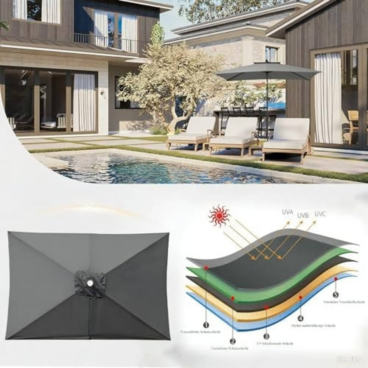 Gray rectangular umbrella replacement canopy with central fastener on underside