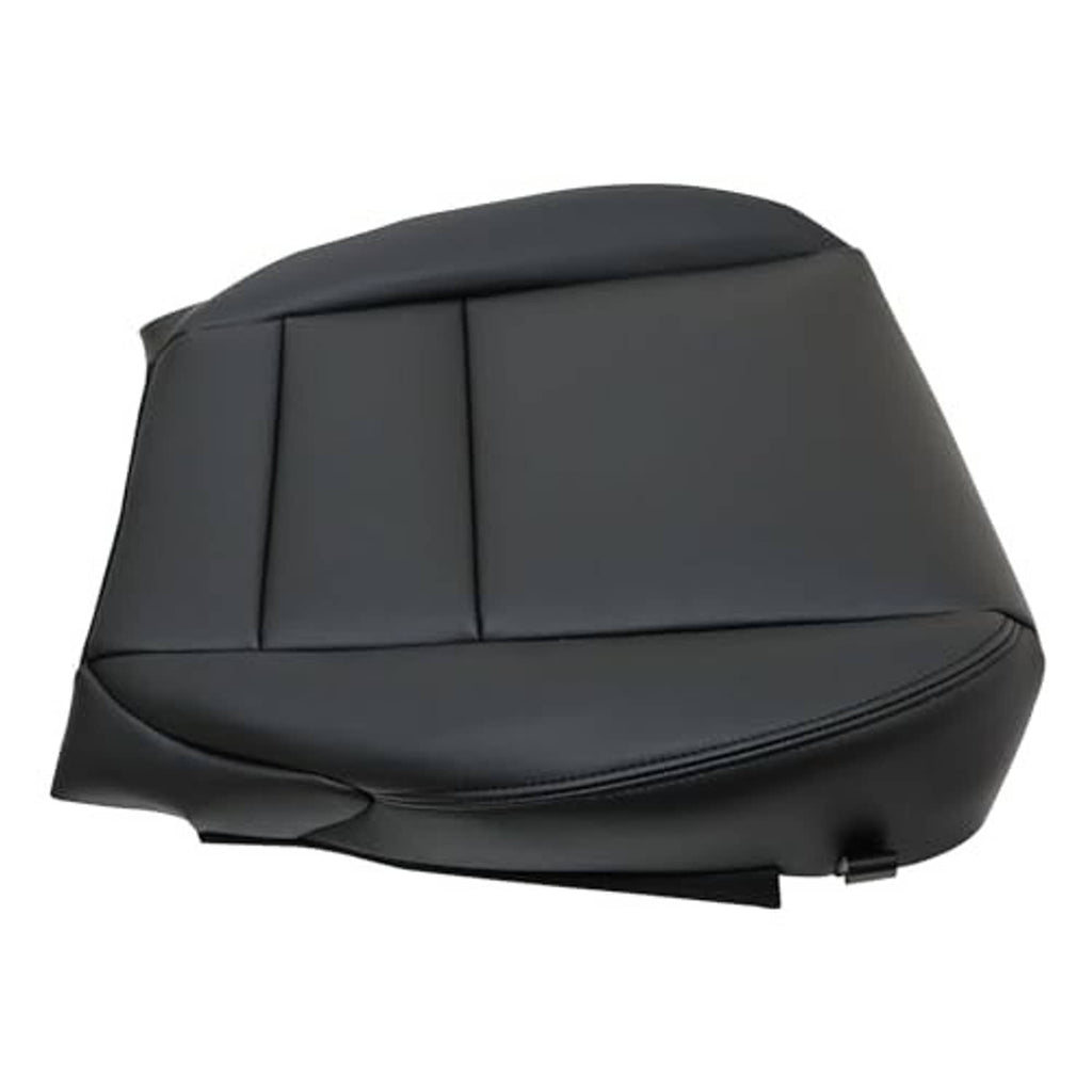 Black leather seat cover corner view with stitched panels and contoured side edge.