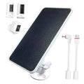 Outdoor solar panel charger with dark panel and white wall-mount bracket